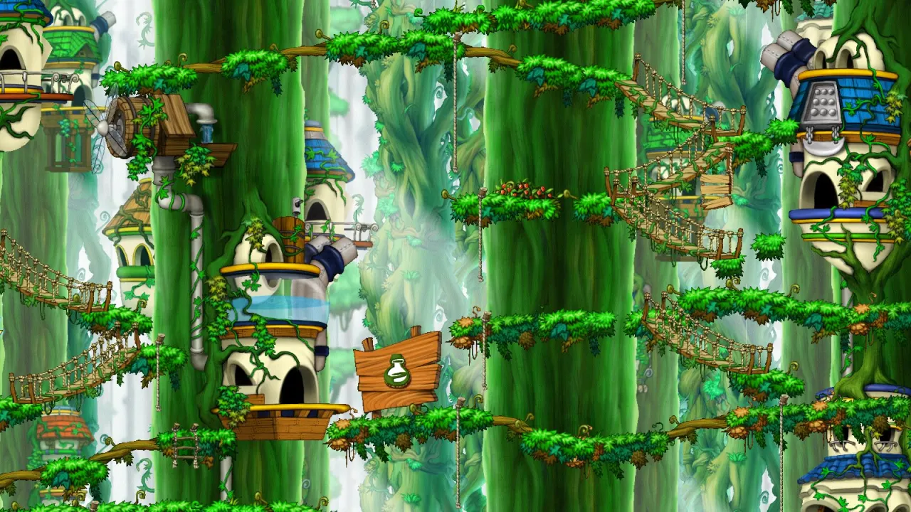 Ellinia: treehouses and rope bridges high in the forest